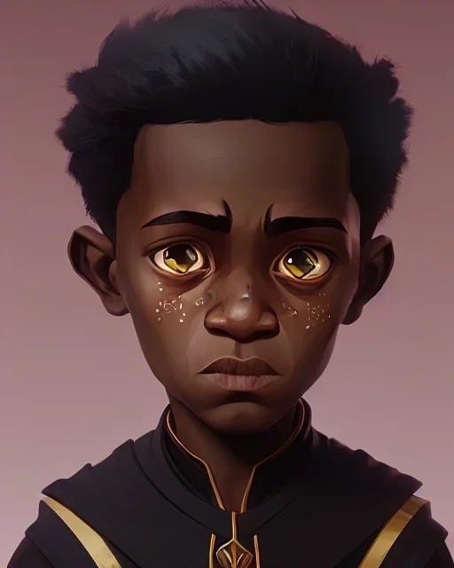 Portrait of a handsome black skinned toddler warlock boy with dark hair by Jim Kay