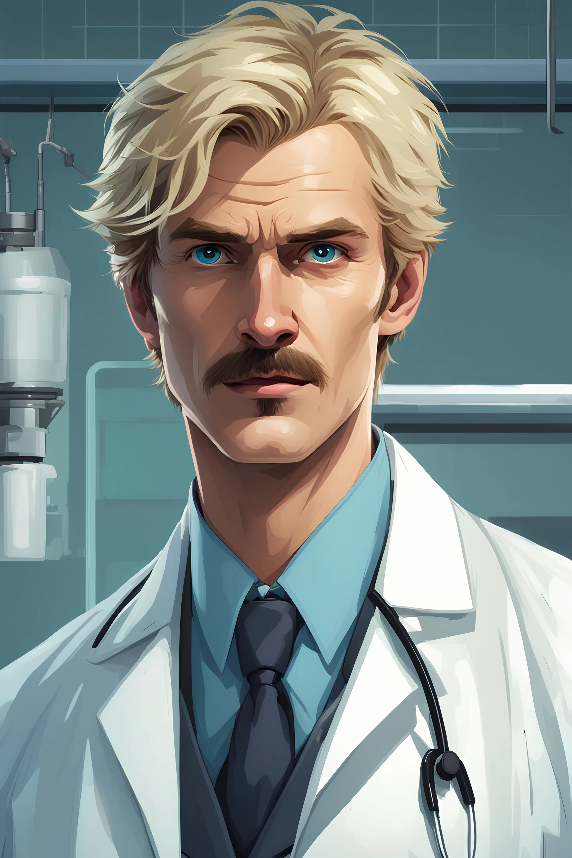 The Doctor is a little over six foot tall, in his mid thirties, with blond hair and pale blue eyes. He has attractive features with a strong jaw line. His blond hair has a slight disheveled look, and he has a well maintained thick blond mustache. He generally wears a white doctors lab coat with a bit of blood splattered at the bottom edges. Under his doctors lab coat he usually wears a Hawaiian flowery shirt. When not in surgery, photorealistic