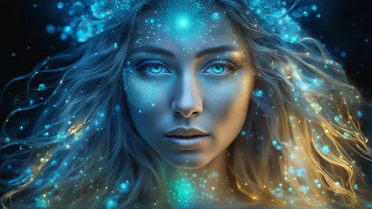 The photo is done in a bioluminescent and bioluminescent art style depicting a divine woman, Bioluminescent dewy translucent glowing skin, ethereal glowing eyes, long neck, perfect face in ultra-realistic details, flowing hair, double exposure, iris, The composition imitates a cinematic film with dazzling, gold and silver lighting effects. Intricate details, sharp focus, crystal clear skin create high detail. 3d, 64k, high resolution, high detail, computer graphics, hyperrealism, f/16, 1/300 sec