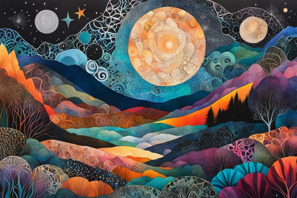 abstract paper collage overlayed with Zentangle patterns that depicts the vastly diverse, rugged landscape of Nature beneath an ethereal, cosmic night sky, highly detailed, vibrant natural color, with bold ink outlining