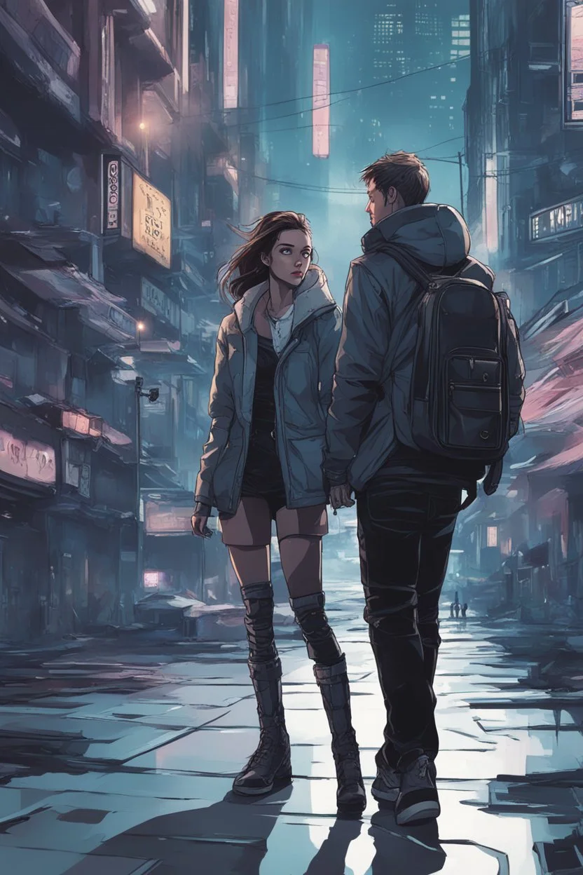 Science fiction, cyberpunk, city street, couple girl and guy, together, love at first sight, forbidden love, busy city