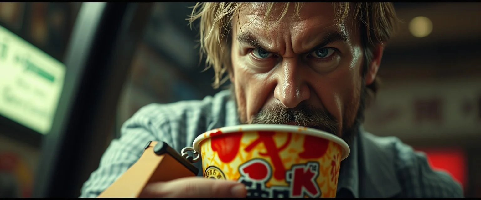 close up portrait of a blody ramen bucket that looks like a chain saw wielded by serious angry law man, in cinema