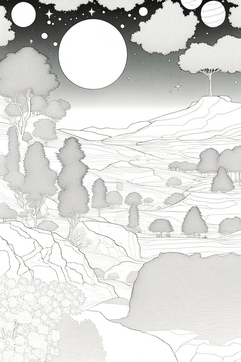 Peaceful, Egon Schiele, Max Ernst, night sky filled with galaxies, planets and stars, rock formations, trees, flowers, one-line drawing, sharp focus, 8k, deep 3d field, intricate, ornate, one million strokes