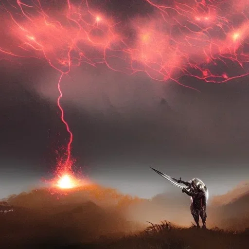 doom scenary. Heavy rain. Epic Lighting in the sky. Knight with a sword. Falling object from the sky. Meteorite burning in the distance.