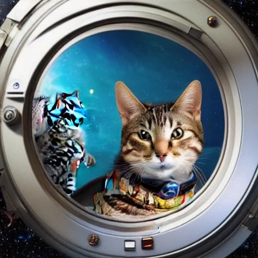 hyper-realistic spaceship interior with a cat looking through porthole at milkyway, floating astronaut in suit behind cat, 8k resolution, high-quality, fine-detail, detailed matte, intricate, 3D octane render, illustration, digital art, brian froud, howard lyon, anna dittman, greg rutowski,