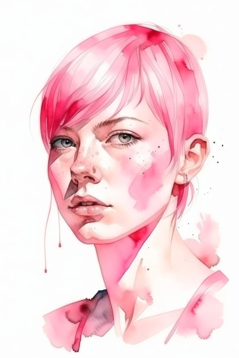 Watercolor short pink fringe hair female portrait