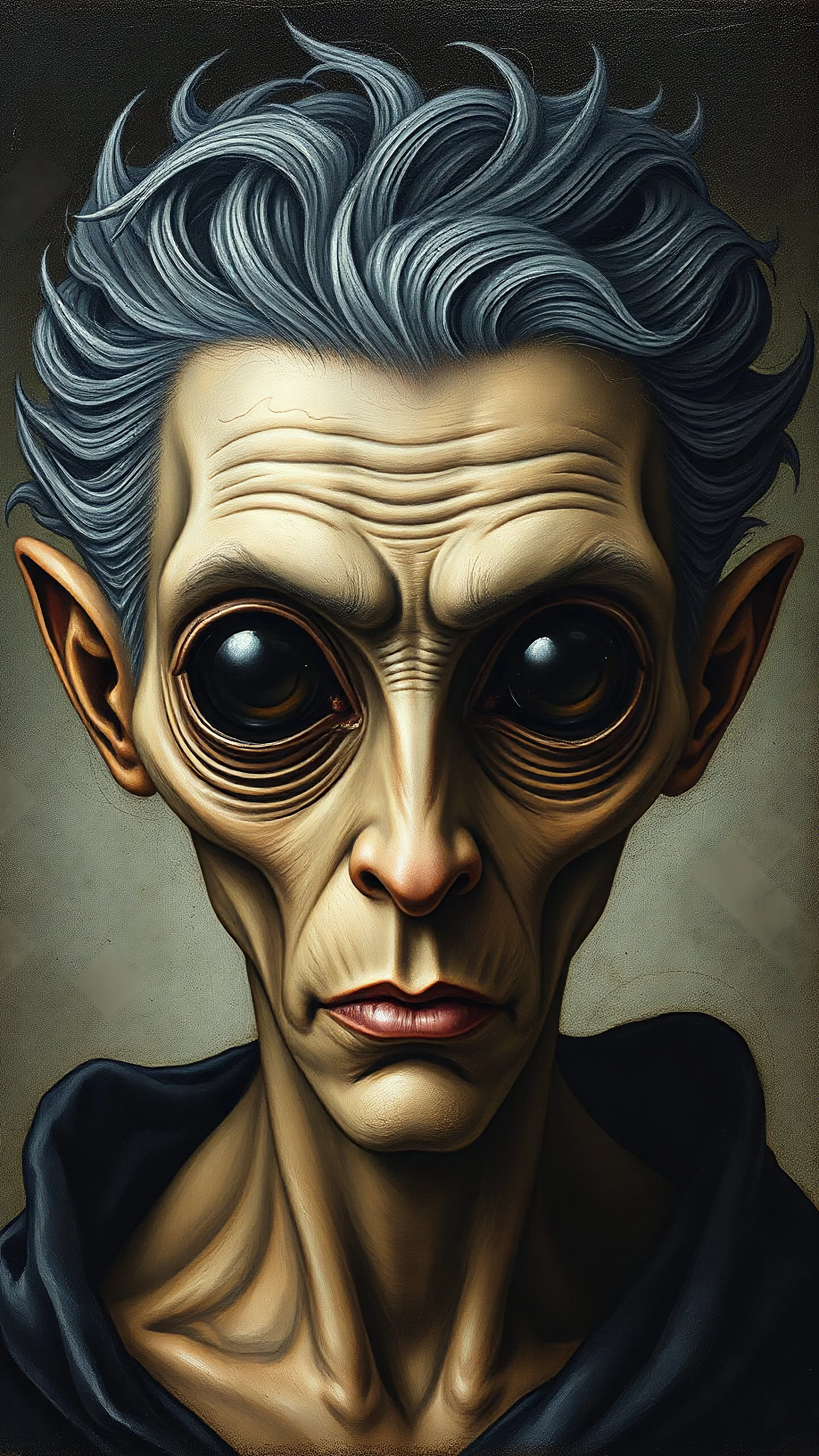 Hieronymus Bosch style an mans face with alien dark black big eyes and grey hair