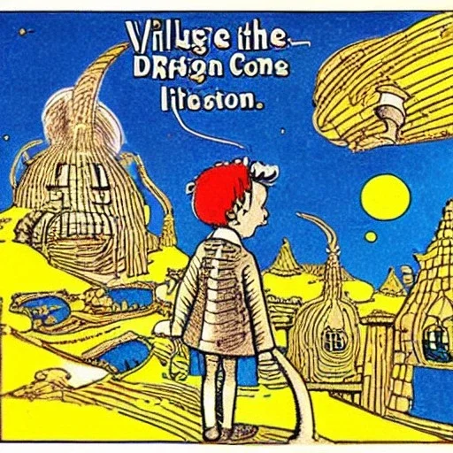 Village in the cosmos in Winsor McCay style and dr seuss style