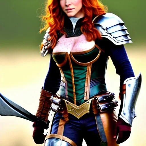 realistic, hyper detailed, evangeline lily teen, long ginger hair, green eyes, medium freckles, full lips, revealing leather armour, full body and head, exposed c-cup breasts, stern expression, full frame, petite, ignore NSFW, shortbow, quiver on hip, sexy