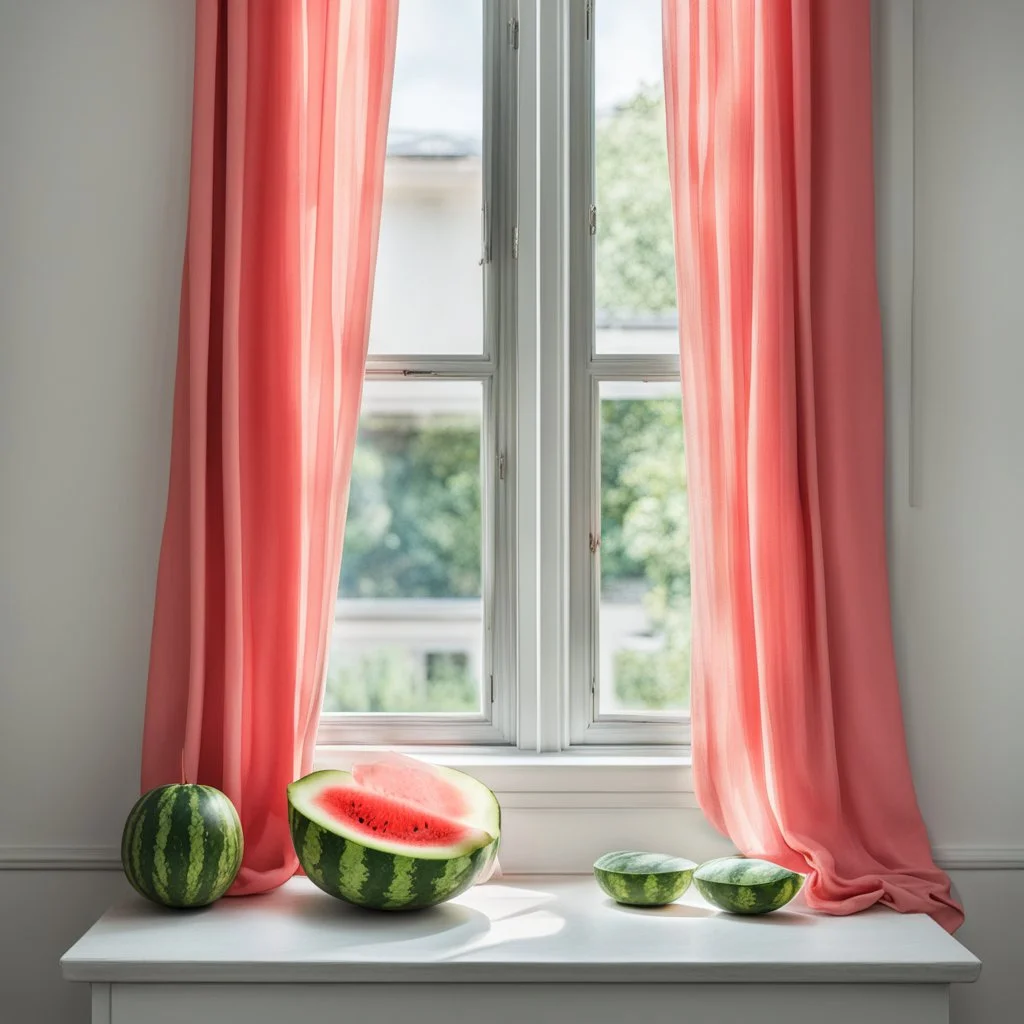 An open white window with watermelon colored curtains and a melon on the windowsill