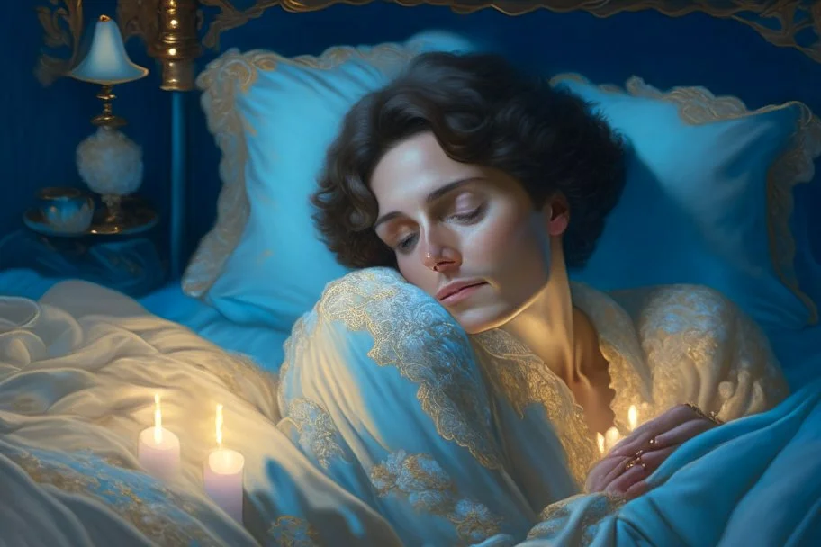 A beautiful woman with short brown hair in pastel blue lace robe is lying on a bed in a cute luxurious bedroom gold tapestry in the candlelight