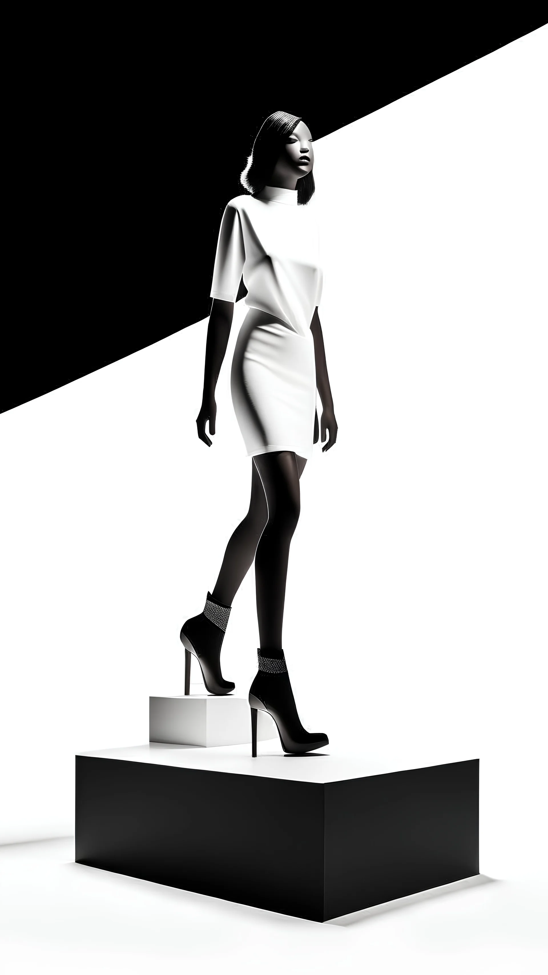 head to feet latex woman walking on a white podium in front view, full white background, long shadow, black and white photo, realistic style, fashion mood