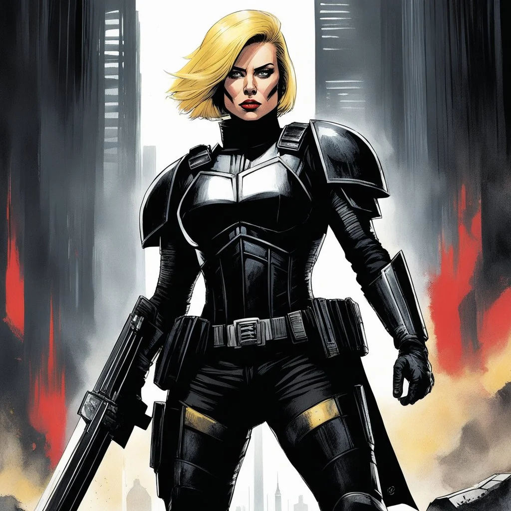 [Dredd art by Carlos Ezquerra] stands a figure unlike any other - Judge Brienne, a towering woman fighting with a gaze as sharp as her blade. Clad in the iconic uniform and helmet of the Judges designed by agent provocateur, she patrolled the streets with unwavering determination, her presence commanding respect and fear in equal measure. The citizens of Mega-City One whispered tales of her exploits, of how she single-handedly took down the most dangerous criminals with a skill and grace that se