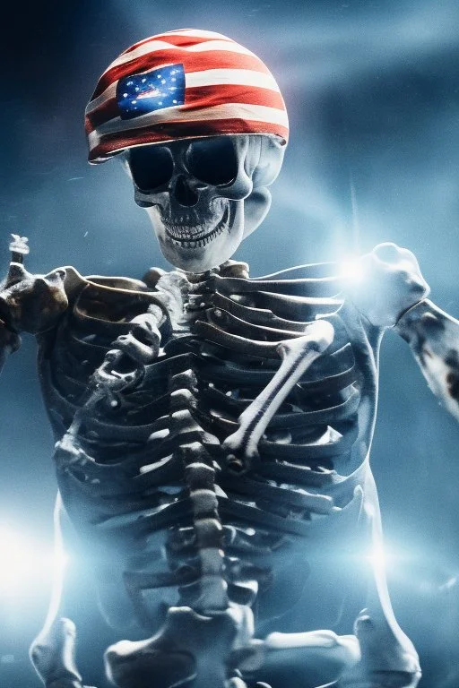 A close up of a skeleton face looking shocked, in an astronaut helmet and suit floating in space. inside the hollow eyes are red shining lights, scary. On his suit is an American flag and in his one hand is a small wavering American flag, on it is written "boned in the USA". From the back of his suit is blowing out blue, white and red smoke. Realistic, 8k, highly detailed, funny