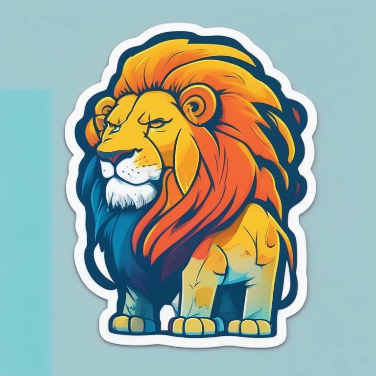 A sticker design in a minimalistic style featuring a caricature anthropomorphic lion in vivid colors. The subject is presented alone on a neutral background.