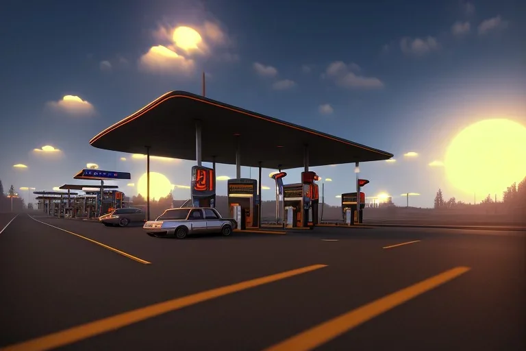  highway, gas station ,country, night lighting , realistic, unity engine, cinematic lighting, scriptable render pipeline.