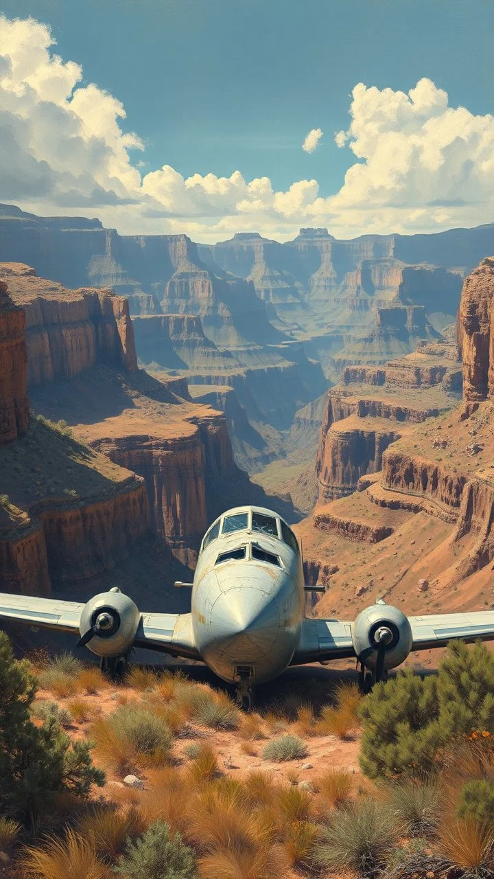 A 1950 commercial airplane with broken glass and doors in front of crashed in the bottom of the Grand Canyon valley, in surrendered by the high Grand Canyon mountains thein a forgotten battlefield over run by vegetation, cutesy tiktok detailed oil painting, grainy, old style