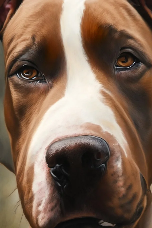 up close realistic oil painting of a pitbull dog, brown in colour with small white line between eyes,in impasto style, thick strokes of oil paint