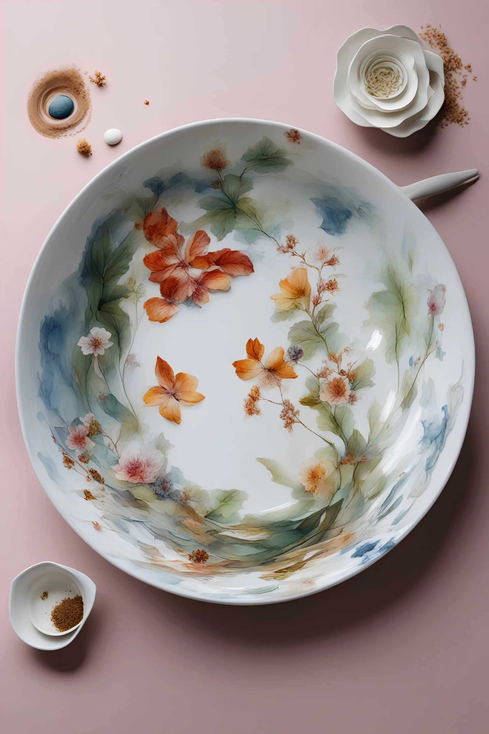 make a painting of a beautiful porcelain bowl with potpurri floating in the water