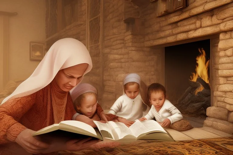 A close-up scene of an Arab mother reading the story from a book with her children around her in the room of the old wooden house near the fireplace 100 years ago.