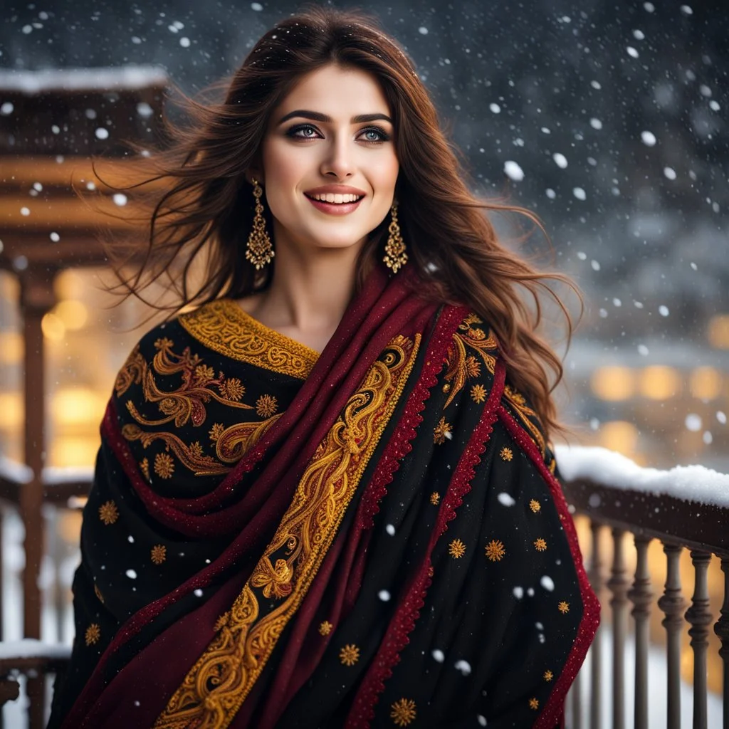 Hyper Realistic Photographic-View of an Extremely-Beautiful Young Happy Pashto Woman with very-beautiful eyes & beautiful brown hair wearing Black Dress with yellow embroidery & maroon-shawl standing on a balcony with beautiful snowfall night with wind-whirling-her-hair showing dramatic & cinematic ambiance.