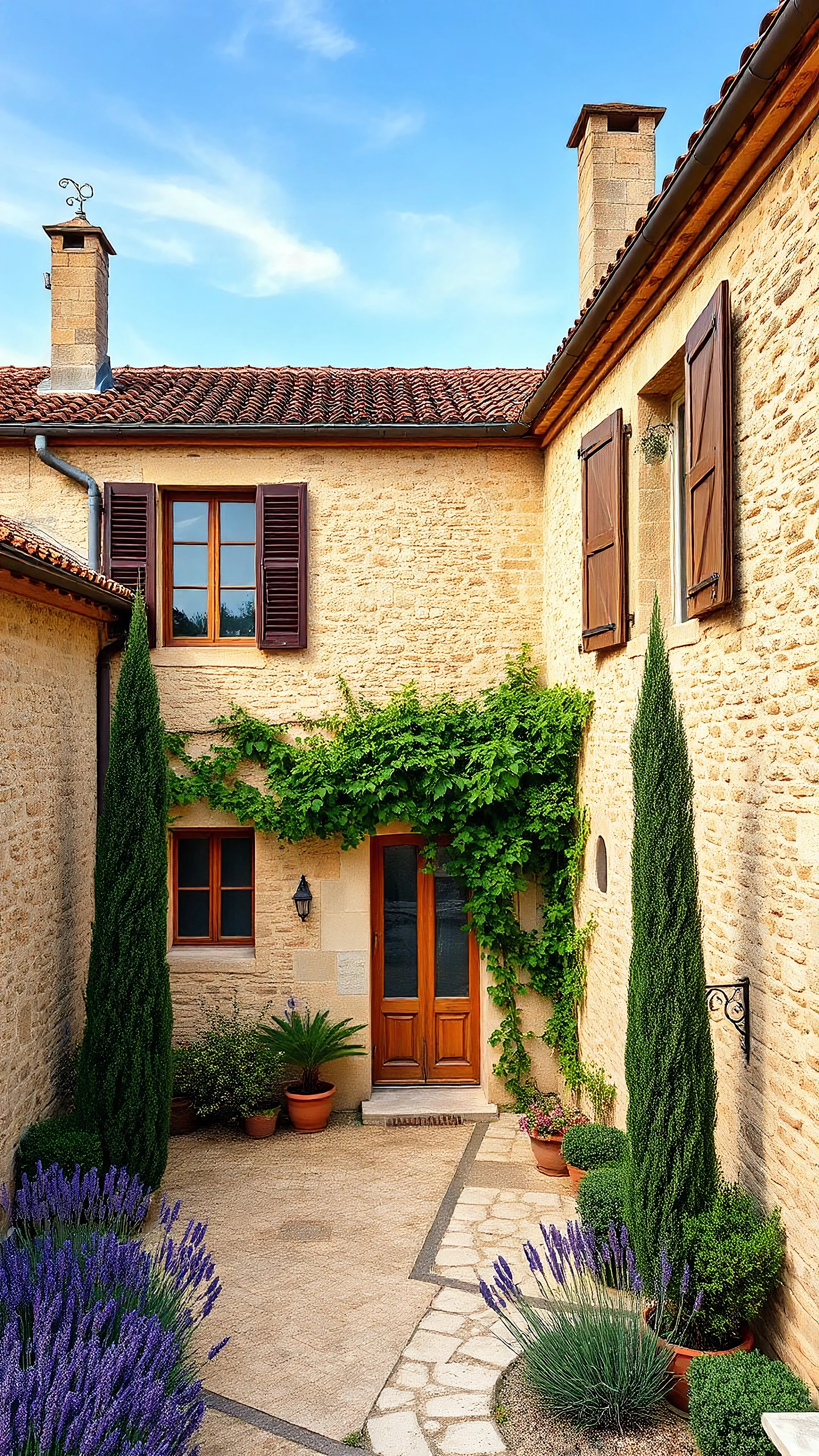 Vue d'ensemble (entier) d'extérieur d'une maison en pierres anciennes avec un toit en tuiles, des volets en bois et une cour intérieure avec des plantes grimpantes. Les lavandes et les cyprès typiques de la Provence sont visibles autour.