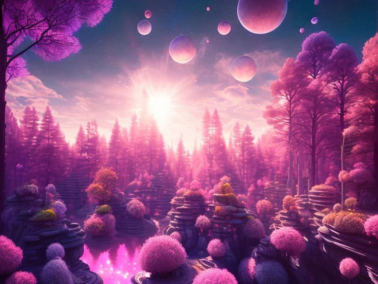 pink black crystal cosmic and galactic ambiance hill sky rocks sunny trees pools surreal, full of details, smooth, bright sunshine，soft light atmosphere, light effect，vaporwave colorful, concept art, smooth, extremely sharp detail, finely tuned detail, ultra high definition, 8 k, unreal engine 5, ultra sharp focus