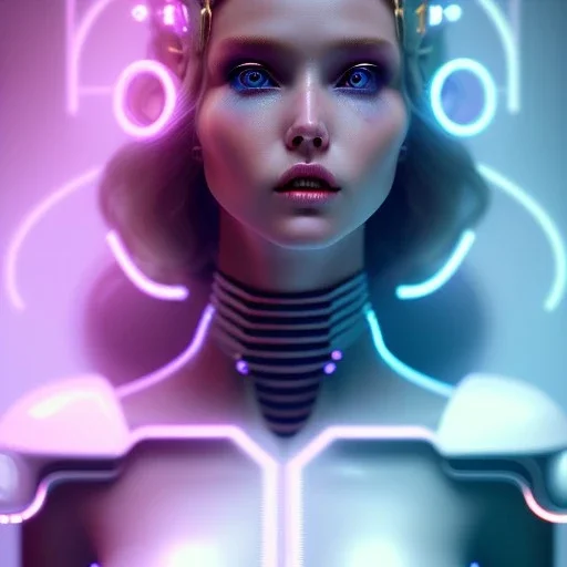 cyberpunk, head, women, portrai, tron sketch of a girl on lined paperA beautiful one nude body of a make up smiling woman blond long hair, alone, high key lighting, volumetric light high details with white stripes and blue eye, smiling with plump pink lips, flowers around, unreal engine petit prince belle fine, profil de trois quart, grand front cosmique, peau bleu cristalline, yeux bleu, perle sur le front long cheveux blond et rose etoilé, cristaux sur le corps, collier de grande princesse, l