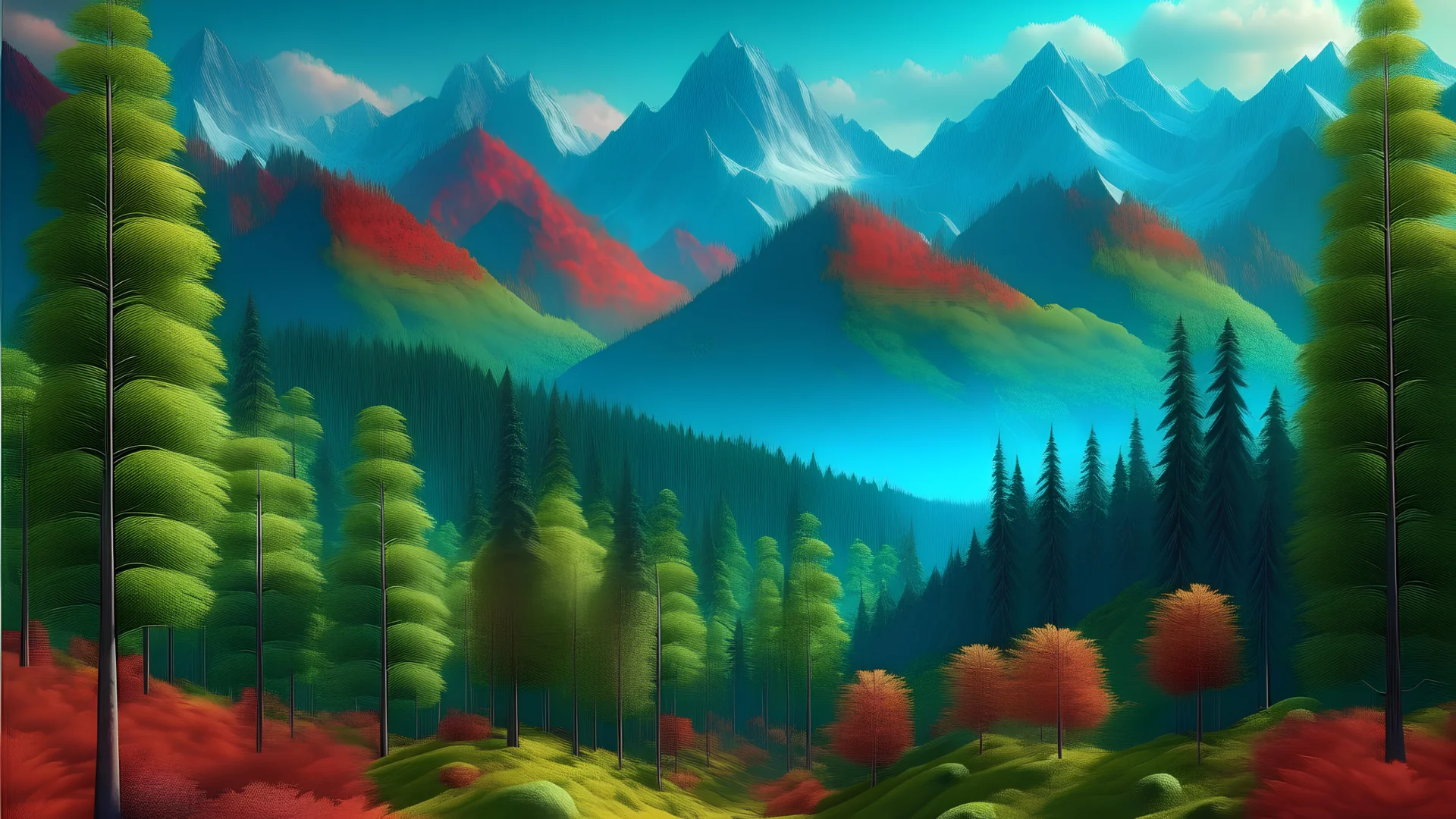 Capture a wide-angle shot of a towering mountain range rising above a lush forest, The colors should be vibrant and alive, Use a soft and calming music in the background.