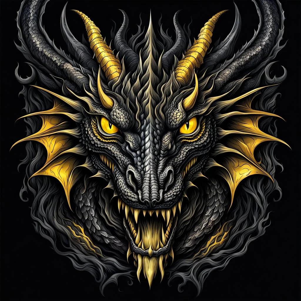 centered crepy stunning dragon head with yellow eyes on black background, dragon looking the camera, dark fantasy, , centered, high detalied, professional, alcohol ink, strong line art, vector graphics, dark mood, realistic, deep colors, cinematic