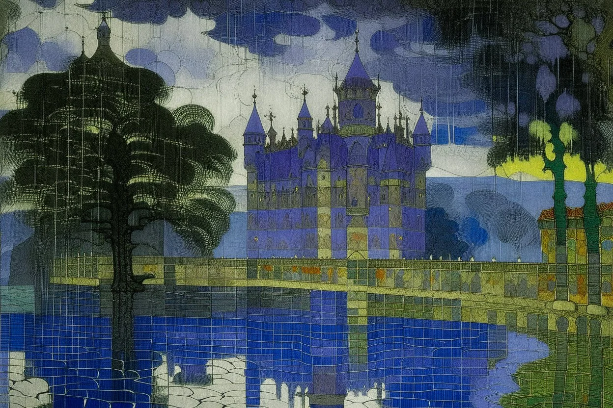 A violet castle in a thunderstorm near an acid pool designed in Indian Gond art painted by Claude Monet
