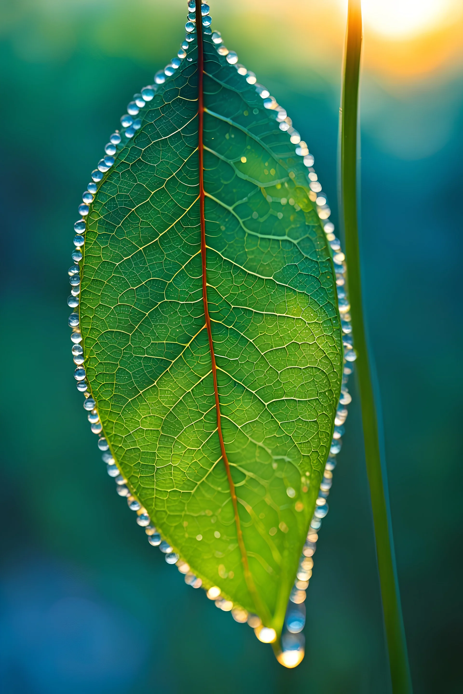 Morning Dew Serenity: Picture a delicate fluorescent glass blue glass leaf in heart form , in the early morning light, adorned with glistening dewdrops. Sharp focus . Iridescent colors with intricate details. The tranquility of the scene mirrors the quiet strength that comes from embracing stillness and finding inspiration in the simplest moments.