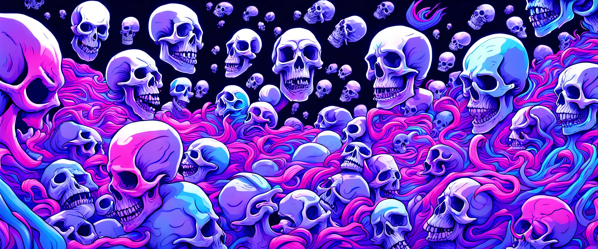 1000s of anatomically correct, skulls, vivid RANDOM BRIGHT neon colors, dark comedy, well lit, high detail, photorealistic, horrorcore, fun, scary, dead, 100% detail on all drawn, nothing partial or filler, all orbiting a black hole