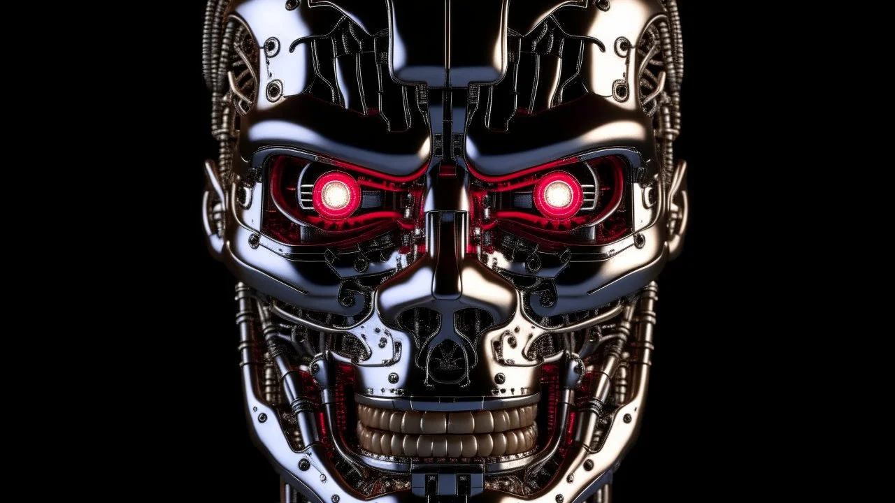 4K, ultra details, full realism. Portrait terminator logo. Visage complet