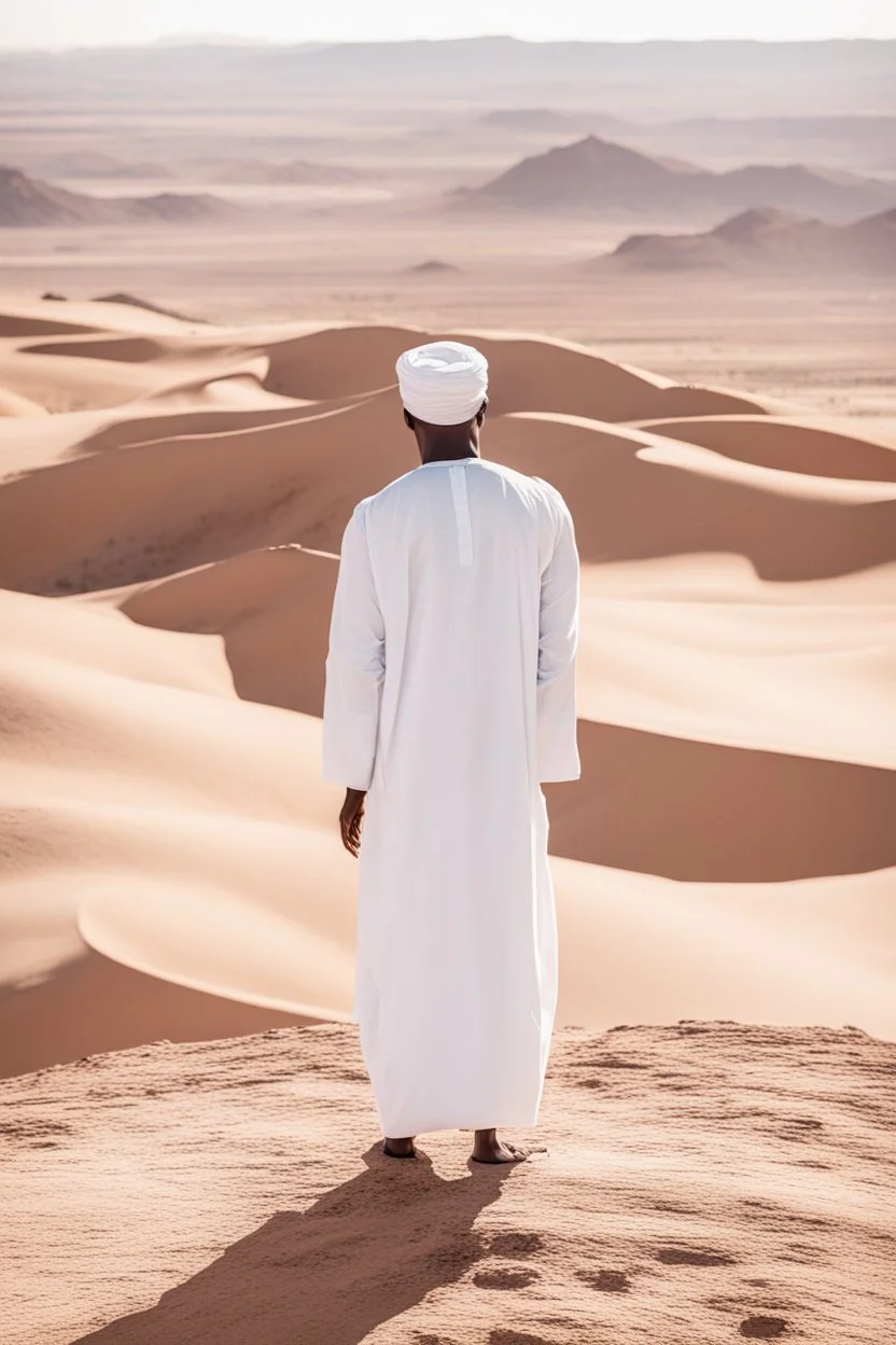 african man wearing white thobe. standing on high mountain looking out to the desert