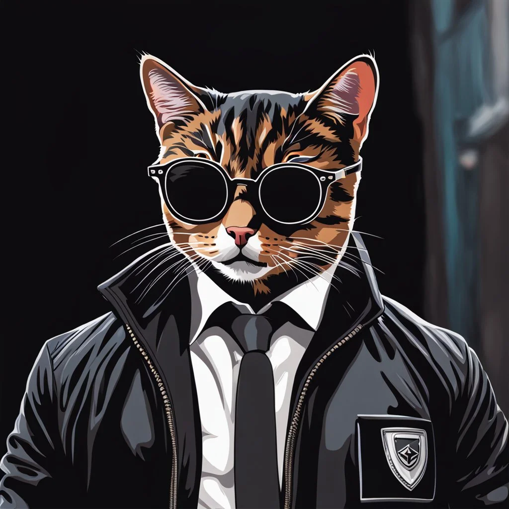 Drawing of a cat with black jacket and glasses NFT style