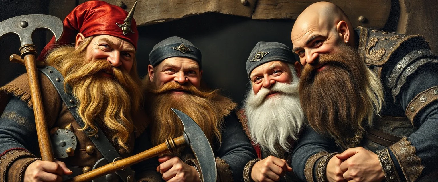 pin hole cam, master oil painting by Rembrandt, family portrait of smiling bad ass warrior clad muscle sturdy buildt deep rock metal dwarves in fine clothes and with pickaxes laughing