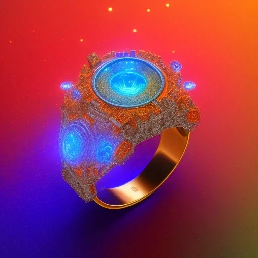 Ring made by diamonds shreds of glass, orange diamonds sparkles, red rubi fragments around, blue lights reflexes, complex structure, gold details, intricate ring shine,Unreal Engine 5, macro lens,sharp focus, photorealistic, hyper detailed, studio lighting, neon light ambient, cinematic lighting