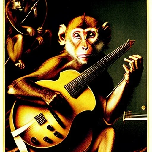 scratchart by albrecht durer of a monkey playing a mandolin, strings