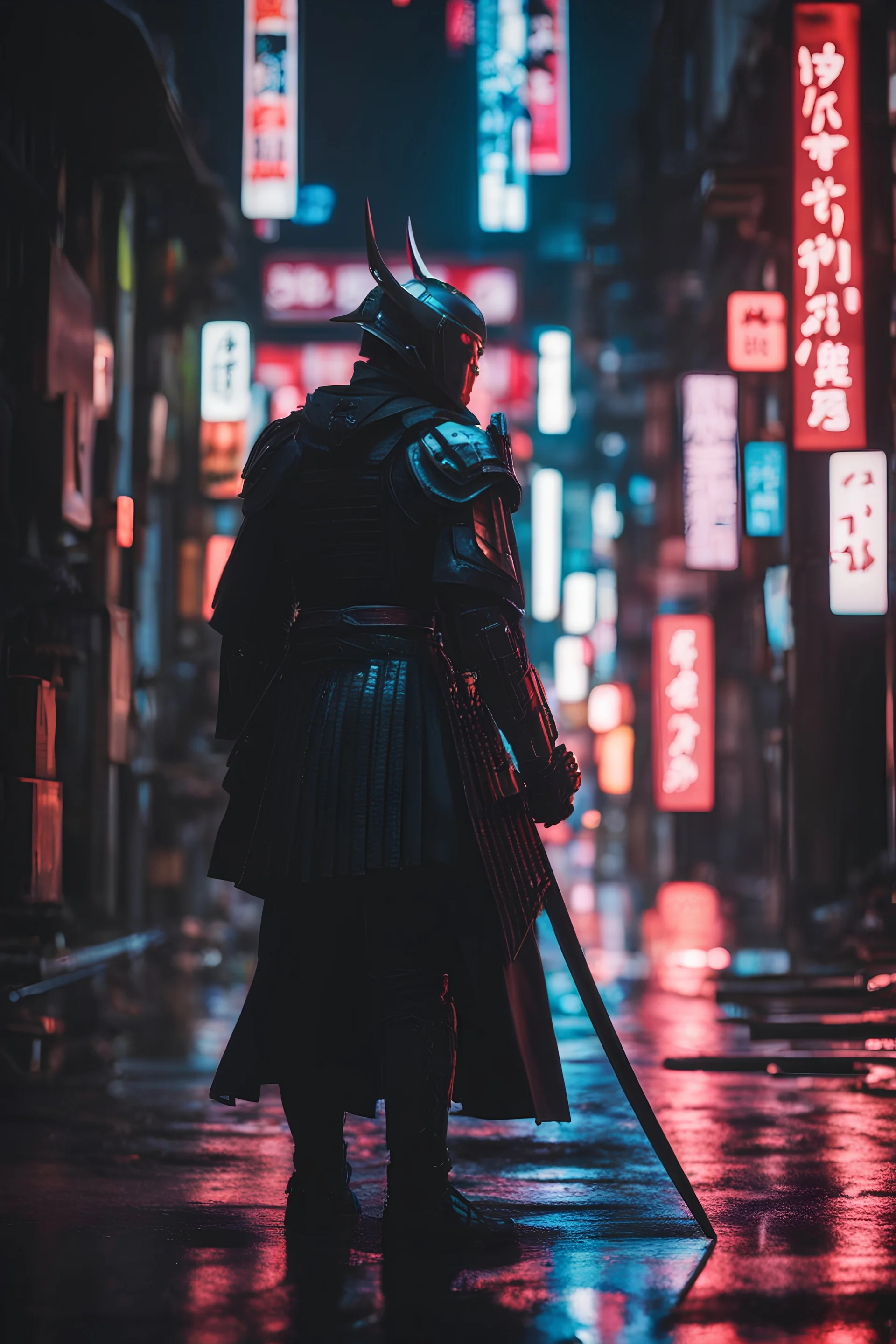 A lone samurai, clad in futuristic cybernetic armor, stands at the edge of a neon-lit Tokyo alley. His katana gleams with an otherworldly glow, as he prepares to confront a menacing Oni. [Gritty, Futuristic, Cyberpunk Samurai, Blade Runner, 8K, Intricate, Dark, Glowing, Intense, Brooding]