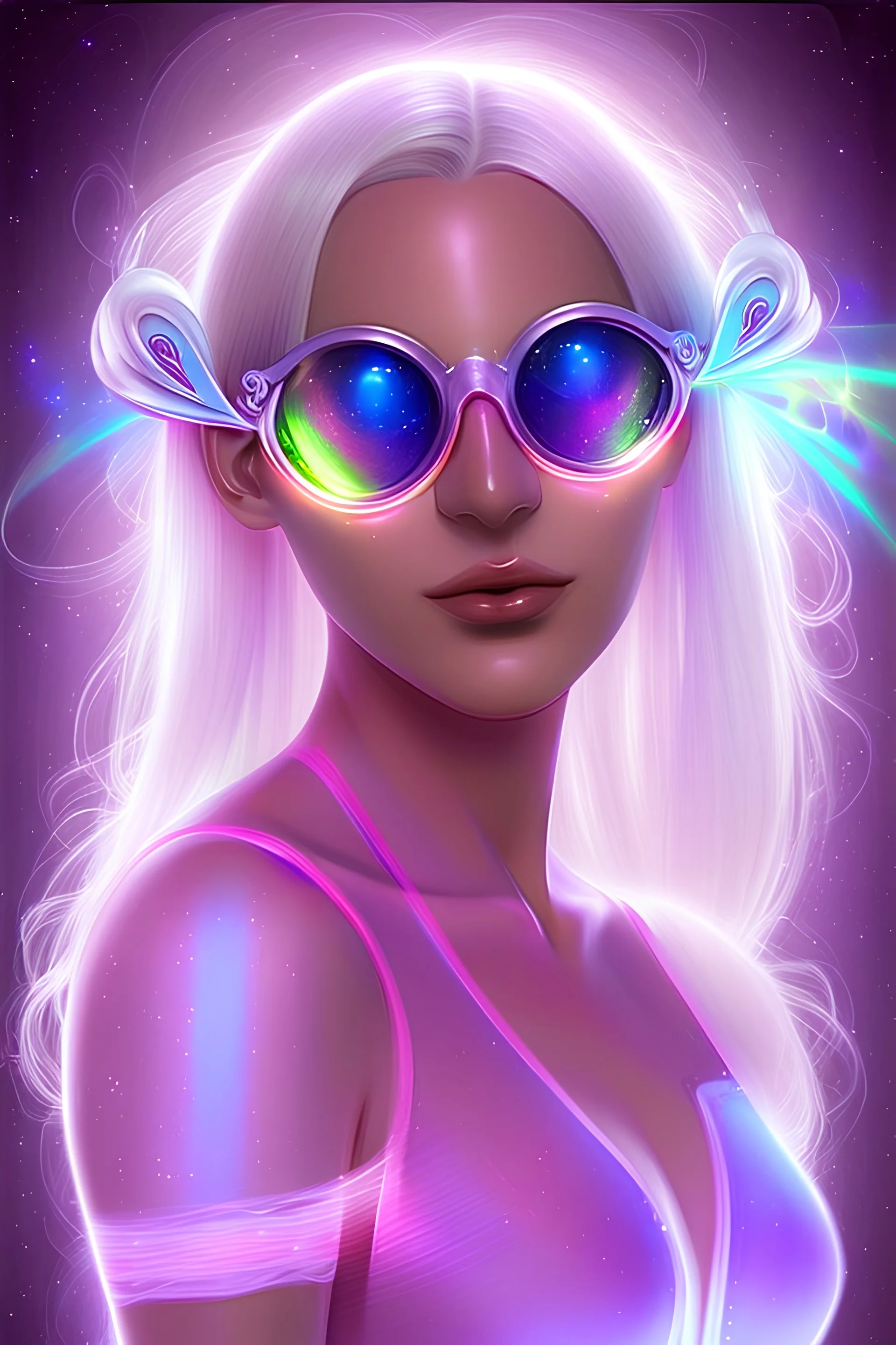 777 wonderful pleiadian secret sensual agent with sunglasses and rainbow aura and violet shape-hair and symbol