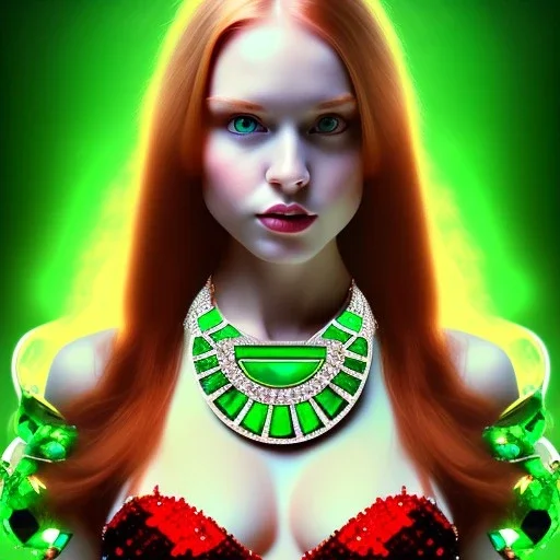 fullbody portrait of beautiful young busty atletic amazon Redhead woman with big Green sad eyes with big emeralds necklace by Anthony Devas 8k