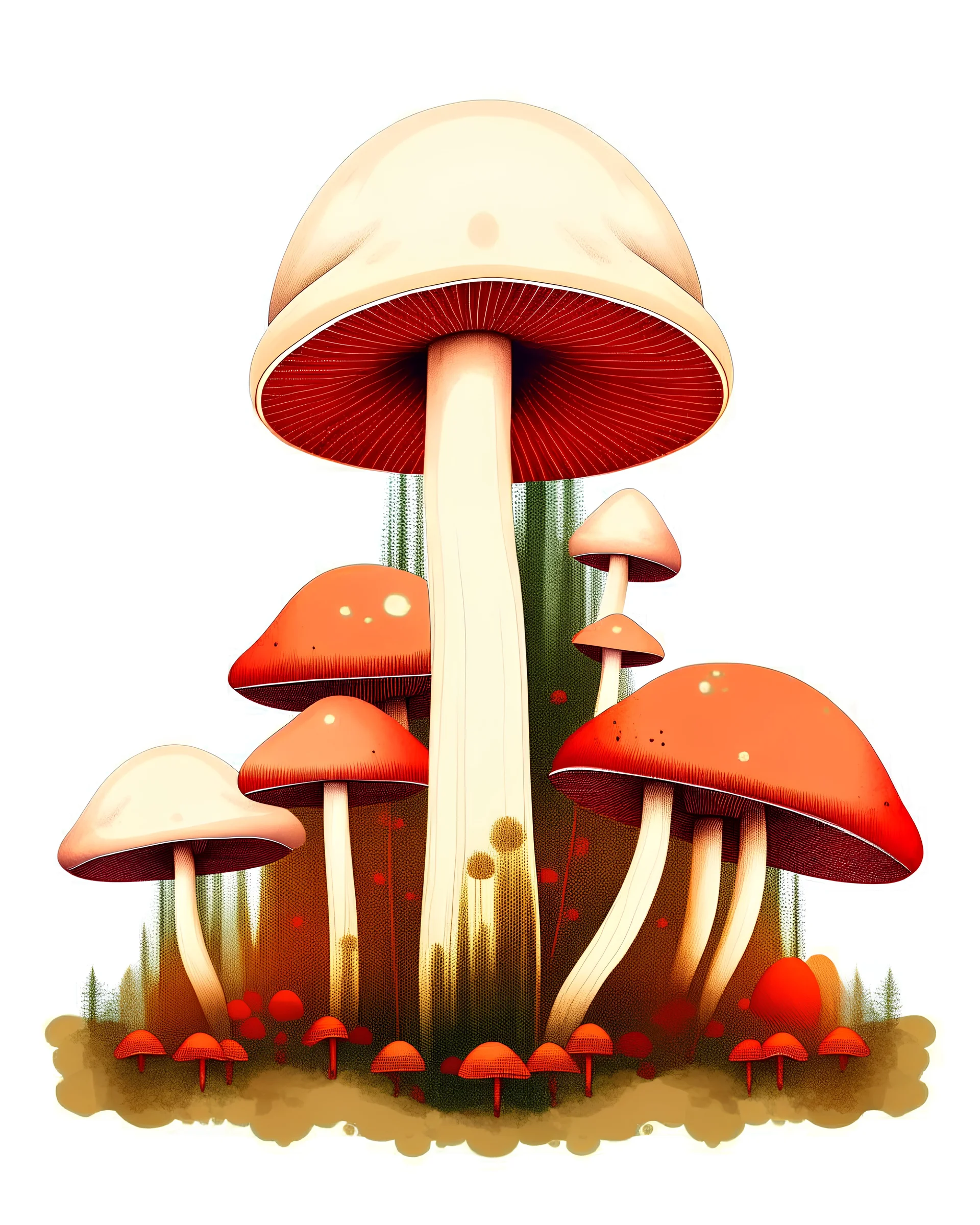 A vector illustration of a Renaissance mushroom garden, with clean lines and a white background