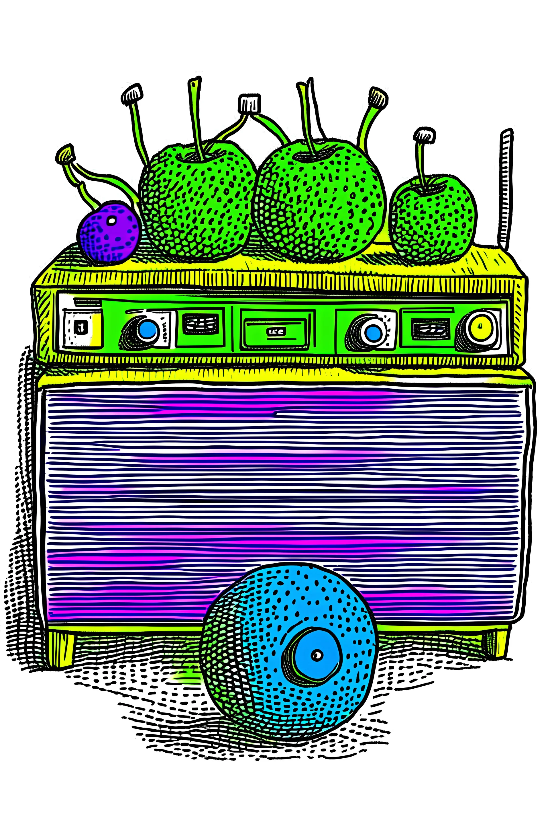 Draw a set of sound systems and some blueberries, in color with the phrase: