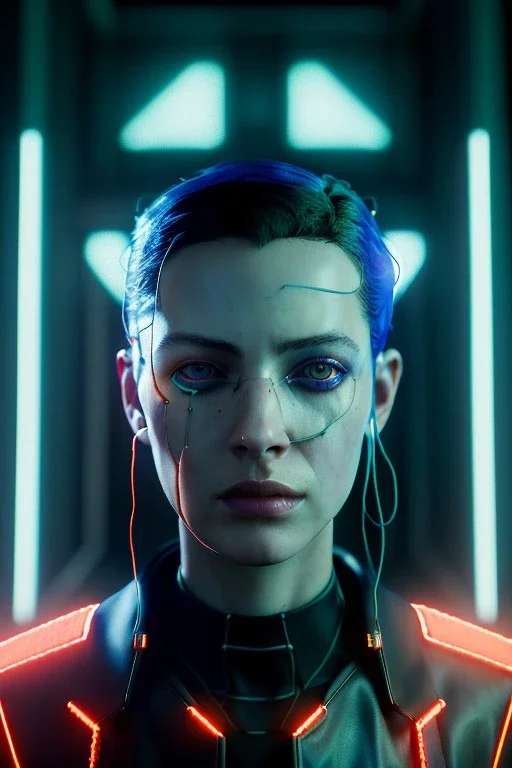 Cyberpunk portrait, pretty British woman:: symmetry photography, cyberpunk, blue long hair, face make-up, black line eye, light iris eye, :: kenzo fashion style, coat :: cinematic, Ultra realistic, dark scene, soft color, highly detailed, unreal engine 5, RTX, ultra detail, 3d, finely drawn, high definition.