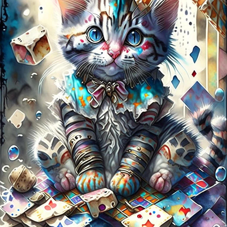 Adorable Cute little Harlequin cat patchwork art by cameron gray epic poster, Hyper realistic cat clown. sits on a pile of fish bones watercolor painting, Jean-Baptiste Monge style, bright, beautiful in spring, splash, big perfect eyes, rim lighting, lights, magic, fantasy, digital art, wlop, artgerm and james jean Modifiers: 8k cinematic lighting photorealistic 4K 3D crisp quality hdr Ultra realistic Gian Lorenzo Bernini Geometric and cubist