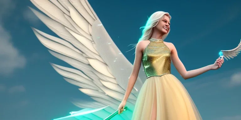 subtle queen, atmospheric, realistic, unreal engine, cinematic lighting, octane render, transparent long dress, blonde, full body, bright wings, smile, long hair