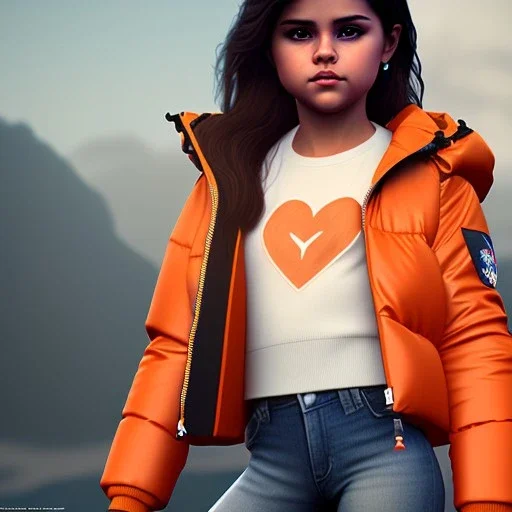 Selena Gomez toddler, full body, dramatic lighting orange puffer jacket, hyper realistic, unreal engine 5,