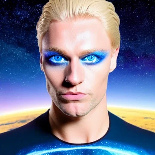 Homme galactique beau fin, grand front cosmique, yeux bleus réels, cheveux blonds, costume galactique, paysage cosmique