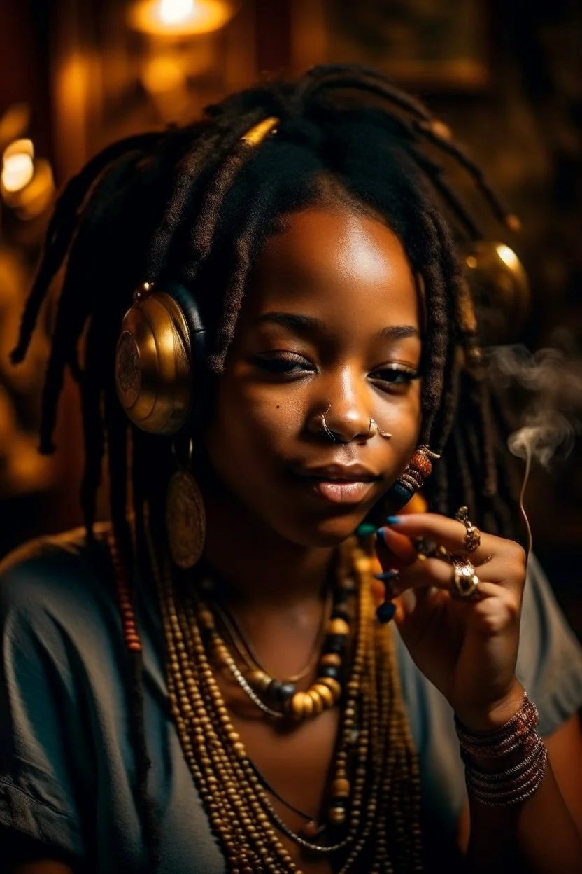 earthy black young woman listening to music with small old school headphones, soul, peace, majestic, earthy colours, at peace, happy, incense, jewels, bands, natural, old school headphones, blasian eyes, incense, very dark skin, crystals, gold arm bands, locs with beads, mouth slightly open